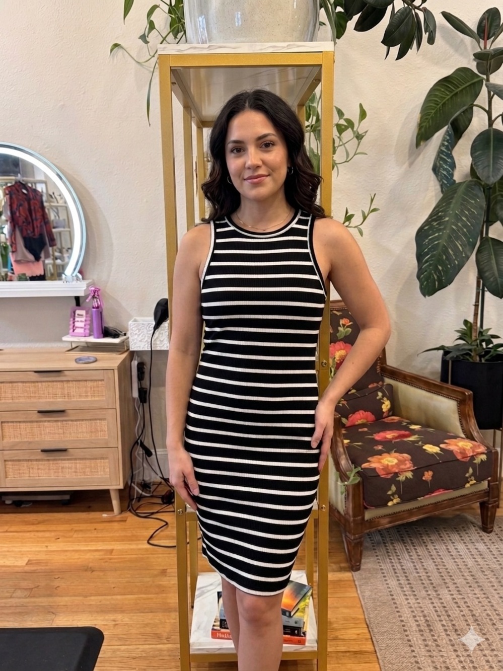 Derek Heart Black and White Striped Sleeveless Midi Dress
